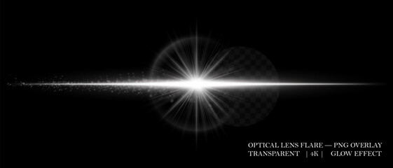 Horizontal optical lens flare with glowing dust and luminous beam. Great for cinematic overlays, highlight accents, and futuristic design compositions.
