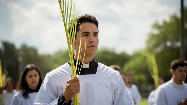 Young hispanic man holding palm in processional line on Palm Sunday, Catholic tradition celebrating the christian faith.