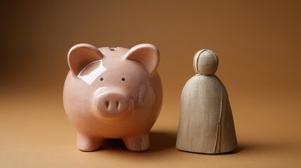 Piggy bank sits next to a small figure made of fabric on a plain brown background during a still life session in a studio
