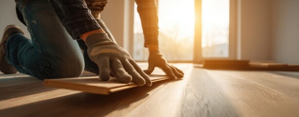 The carpenter installing beautiful wooden flooring during a sunset renovation project.