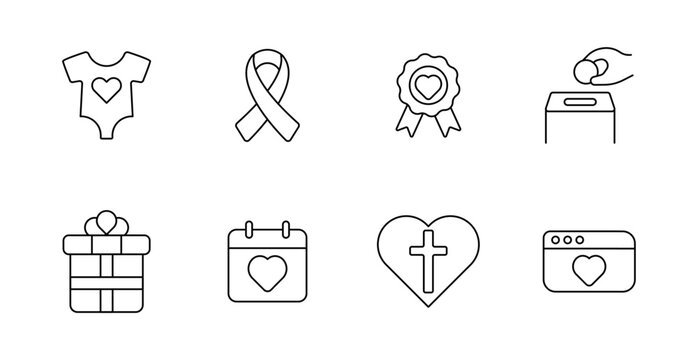 Charity set icon. Baby suit, ribbon, heart badge, hand dropping coin, gift, calendar with heart, heart with cross, browser heart shown in line style.