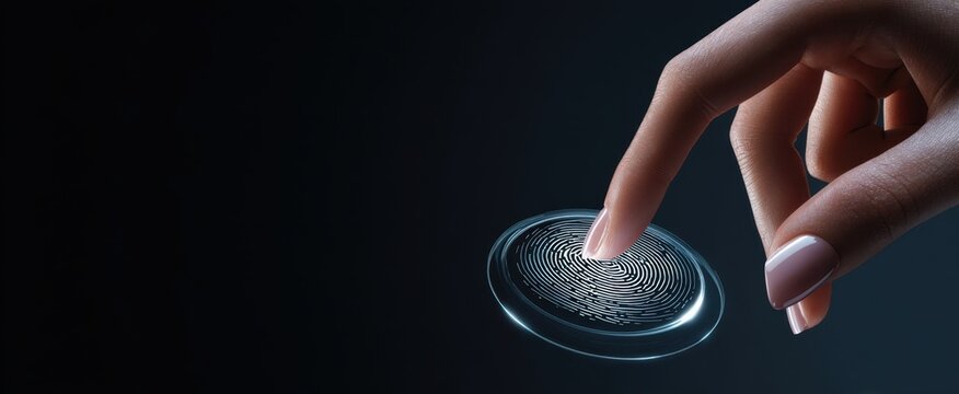 The fingerprint scanner being activated by a fingertip in a futuristic holographic interface - Powered by Adobe
