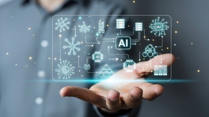 Man presenting futuristic AI technology with glowing interface