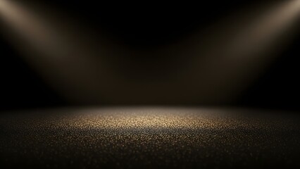 Dramatic spotlights on dark textured stage floor, illuminating a circular area. Empty background for product display or performance.