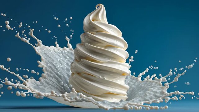 Swirling soft serve ice cream cone captured in dynamic splashes of milk, showcasing creamy texture and motion, emphasizing the delightful dessert experience in a visually striking presentation