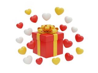 Red gift box with yellow ribbon and hearts isolated on white background