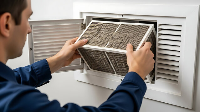 Technician hand removing a clogged dusty air filter from a wall mounted HVAC return grille vent for seasonal home maintenance and indoor air quality improvement in a modern residential apartment