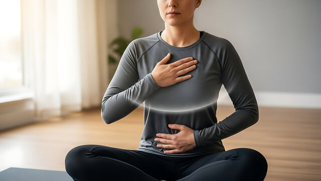 A serene person practicing vagal tone stimulation technique with hand placed on chest and abdomen to foster deep breath awareness, promoting relaxation, nervous system regulation, and mindfulness.