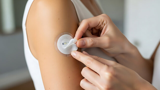 Close-up of a patient applying a smart medical wearable glucose monitoring patch on their upper arm for continuous blood sugar tracking and diabetes management in a bright domestic setting.
