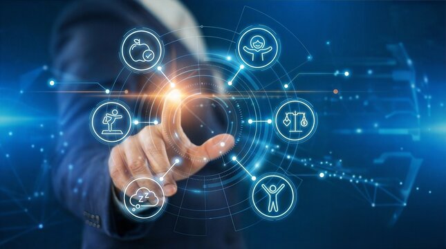 Businessman interacting with digital wellness and longevity technology interface icons