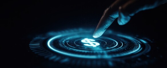 The Dollar Symbol Hologram Being Activated by a Human Finger on Futuristic Interface