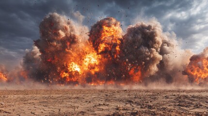 Fototapeta premium A large explosion takes place in a dry landscape. Flames and smoke billow upward creating a dramatic scene. Dust spreads across the ground highlighting the intensity of the blast.