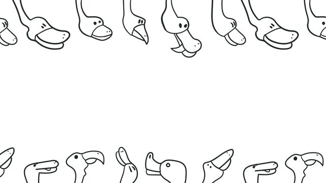 A series of animal faces moves above and below. Among the animals are birds, ducks, and other pets.