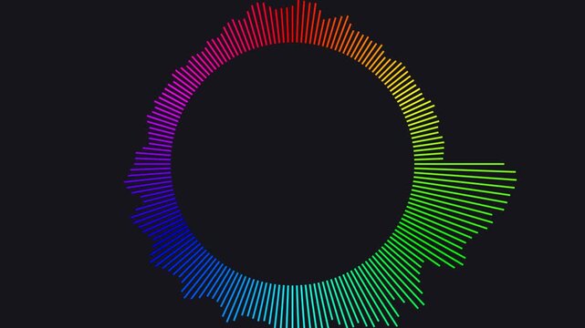 Smooth full circle audio visualizer with rainbow spectrum. Use for music-themed projects, live performances, or as a vibrant overlay.