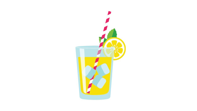 Refreshing cartoon illustration of a tall glass filled with cold yellow lemonade garnished with a bright lemon slice and mint leaves on top