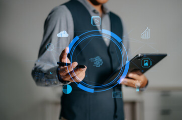 Artificial intelligence concept with digital interface, data analytics and automation for business technology, innovation, cloud computing