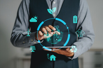 Digital sustainability dashboard showing renewable energy, smart city, carbon reduction and ESG data visualization for business, clean energy and future technology concepts.