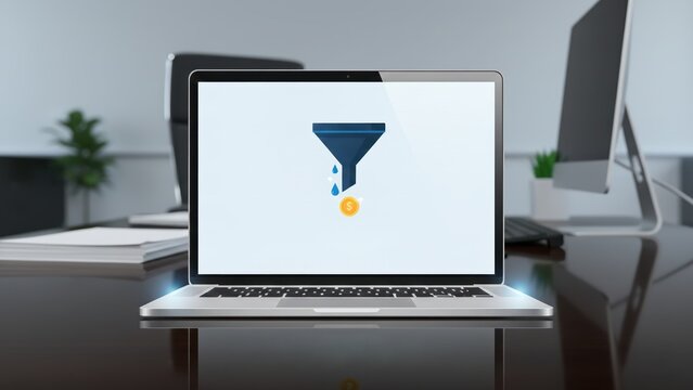 Modern laptop showing digital funnel icon and coin output, sales funnel, lead generation, business strategy workspace