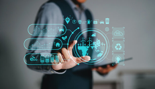 Digital sustainability dashboard showing renewable energy, smart city, carbon reduction and ESG data visualization for business, clean energy and future technology concepts. - Powered by Adobe