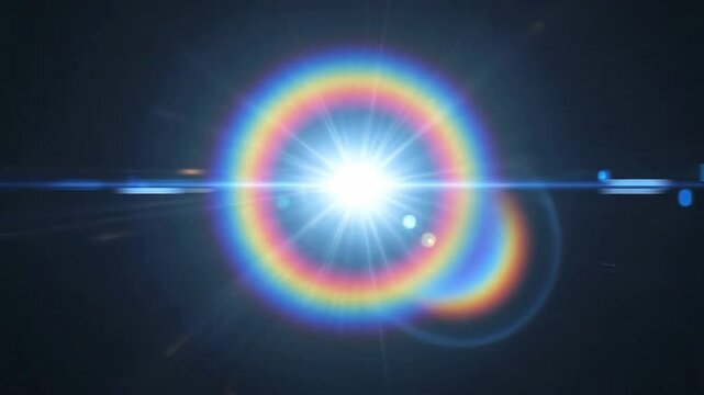 Bright light source with colorful lens flare effect against a dark background.