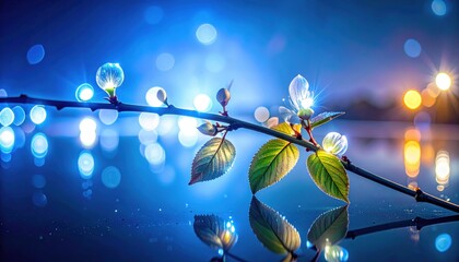 Delicate white flower buds on a thin branch with soft blue bokeh lights and reflections on water.