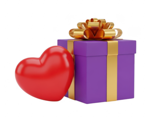 Red heart next to a purple gift box with gold ribbon isolated on white background