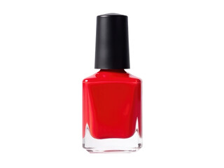 Close-up of a bottle of red nail polish on a white background