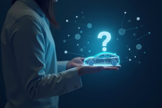 Exploring AI-Powered Insurance Options for Electric Cars: Person Examining Holographic Question Mark Next to Model