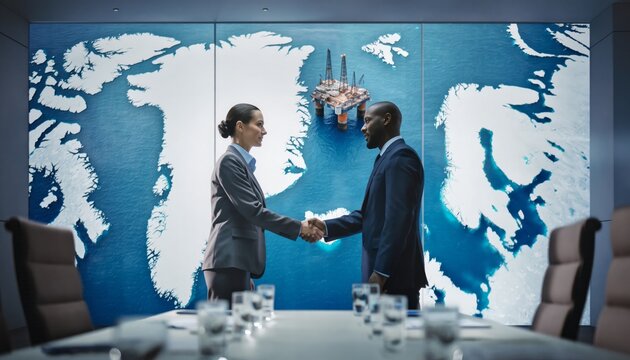 Diverse businessman and a businesswoman shaking hands in a modern boardroom, finalizing a global energy deal in front of a large screen showing an arctic map with an oil rig