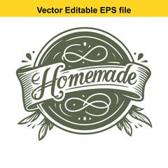  vintage homemade label with green leaves and ribbon design isolated on white background