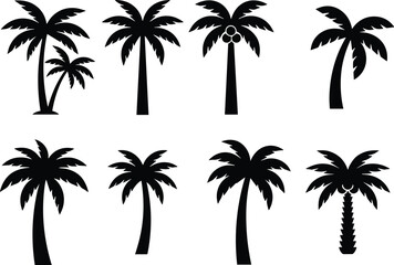 Fototapeta premium Tropical Palm Tree Silhouette Vector Collection, Summer Beach Coconut Palm Trees Set, Exotic Island Vacation Symbols, Isolated On White Background.