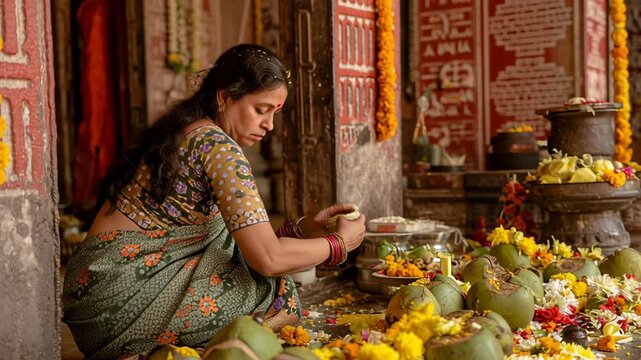 Devotee Performing Rituals During Chaitra Navratri Festival with Offerings of Coconuts and Flowers in a Traditional Temple