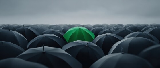 The green umbrella standing out among a sea of black umbrellas and fog