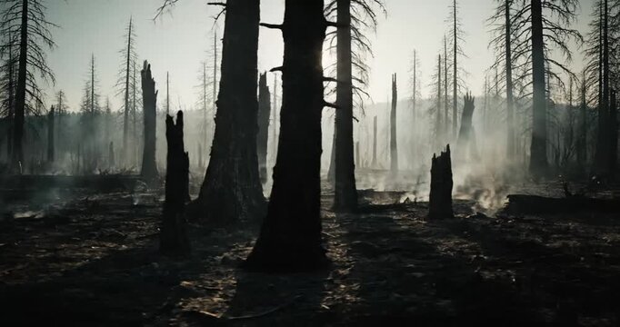 A devastating worldwar aftermath scene with charred trees in a barren landscape viewed from a distance