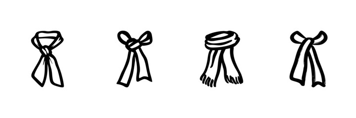 Scarves And Knots In Hand Drawn Style Set. Fashion Accessories, Winter Warmth, And Style Doodle Sketch Collection. Cozy And Trendy Designs. Isolated Vector Illustration