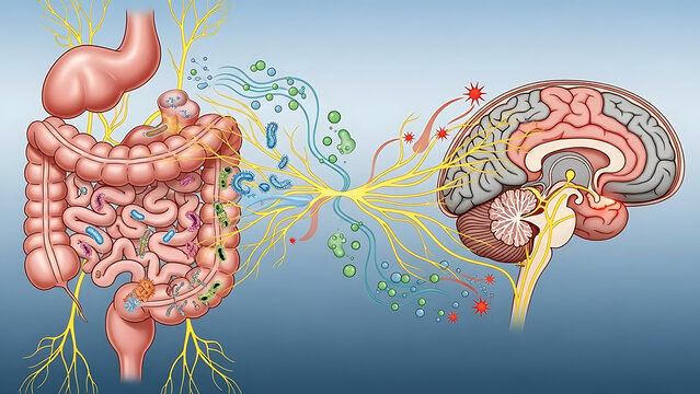 Illustration depicting the intricate gut and brain axis connection through neural pathway and biochemical signal exchange representing the complex physiological communication system in human body.
