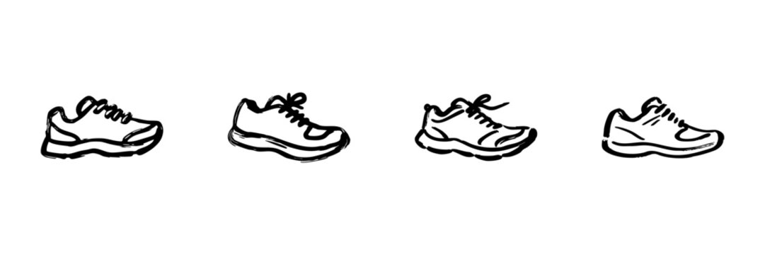 Running Shoes In Hand Drawn Style Set. Athletic Footwear, Fitness, And Sportswear Doodle Sketch Collection. Casual And Sporty Design. Isolated Vector Illustration