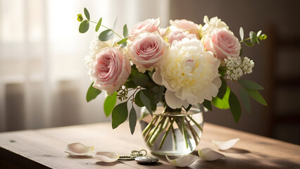 Fototapeta premium Beautiful Bouquet of Soft Pink Roses and White Flowers in Clear Glass Vase on Wooden Table