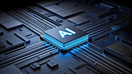 Close-up of an AI chip integrated into a motherboard, representing advanced technology and artificial intelligence development in modern computing
