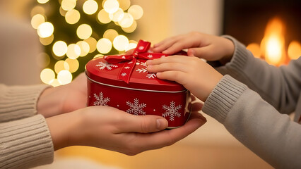 Human hands gently cradling a decorative heart-shaped box filled with delicious cookies, representing romantic love, festive holiday giving, generosity, and heartfelt seasonal kindness.
