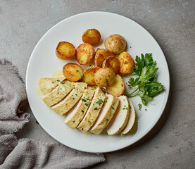 plate of fried boiled potatoes and chicken breast with creamy curry sauce