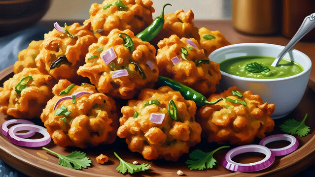 Crispy pakoras served with green chutney