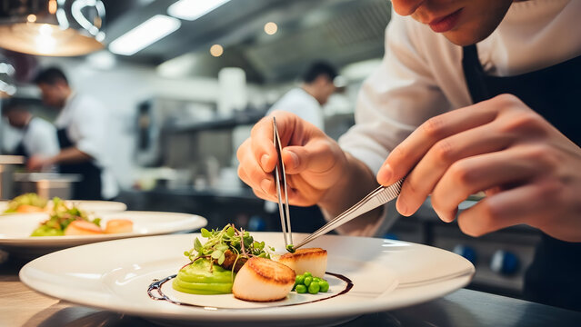 Chef preparing gourmet dish with precision