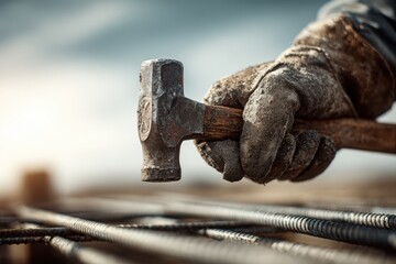 Worker holding a hammer for construction in magnification