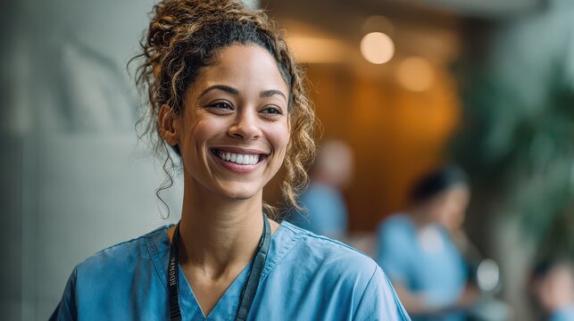 Healthcare worker smiles in busy hospital environment during afternoon shift