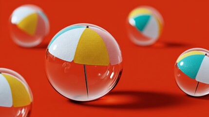Collection of glossy 3D summer-themed icons floating in transparent bubbles, showcasing vibrant beach umbrellas on a vivid red background, perfect for seasonal design projects and summer promotions