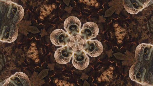 Abstract pattern inspired by owl eyes, forming a symmetrical, hypnotic visual texture that evokes vision, perception, and consciousness.