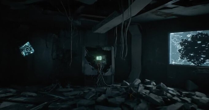 Abandoned room reflecting on worldwar destruction with debris, darkness, shadows, ruins, and desolation