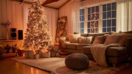 Obraz premium Soft lights fill the living room where a Christmas tree stands. The couch has pillows and blankets creating a warm space for family gatherings in the evening.