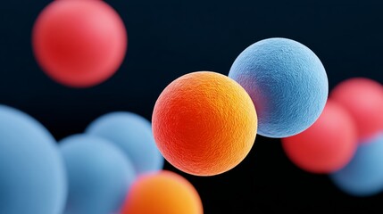 Colorful abstract representation of molecular structures with vibrant spheres in various sizes, showcasing dynamic interactions and scientific concepts in a visually striking composition with copy spa